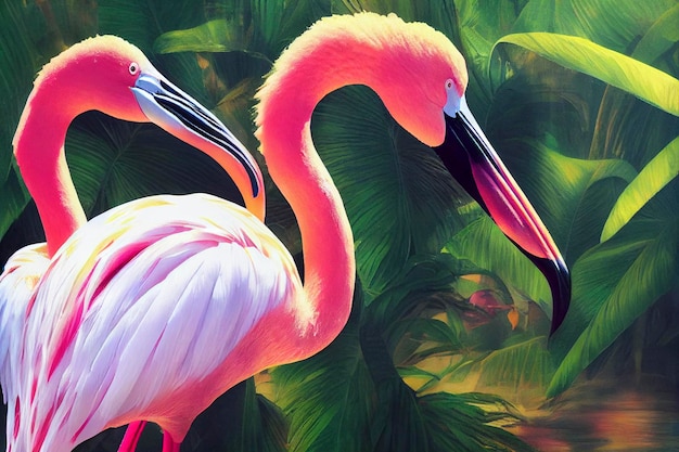 Prachtig tropisch patroon met roze flamingo en palmbladeren op donkere achtergrond Abstracte zomer tex