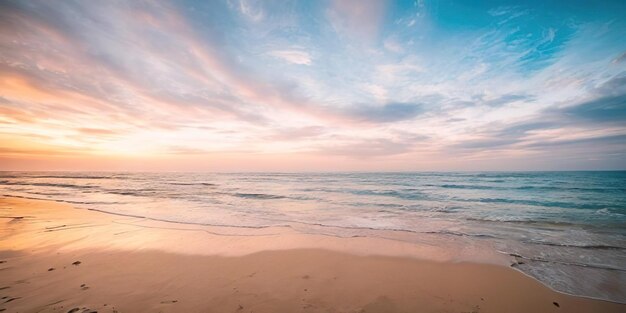 Prachtig tropisch strand en zee bij zonsondergang voor reizen en vakantie Generatieve AI