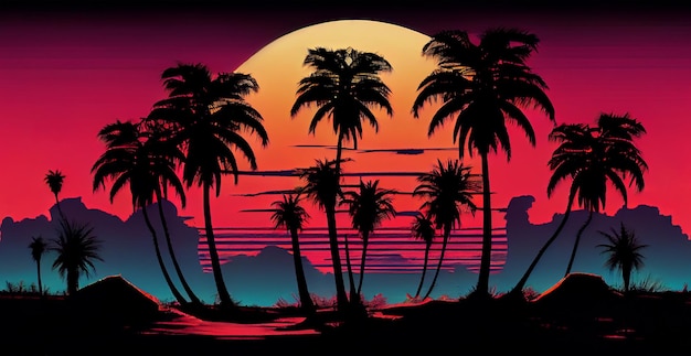 Prachtig tropisch strand met silhouetten van palmbomen in de schemering avondzon AI gegenereerde afbeelding