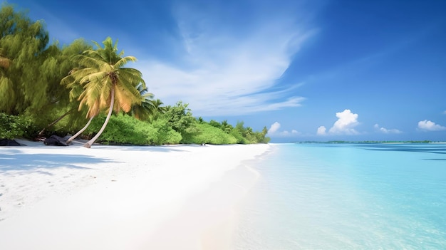 Prachtig tropisch strand met wit zand palmbomen turquoise oceaan tegen blauwe lucht tropische zomer