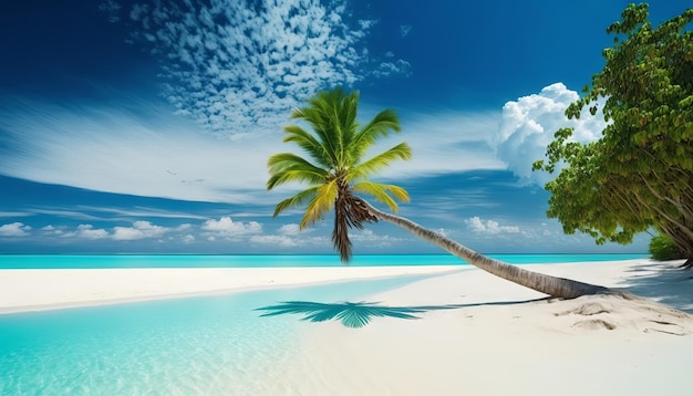 Prachtig tropisch strand op de Malediven met weinig palmbomen en blauwe lagune Generatieve AI
