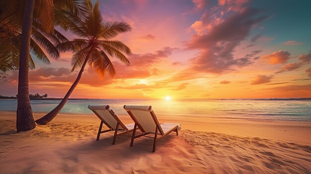 Prachtig tropisch zonsondergangzicht twee ligbedden stoelen parasols onder de palmbomen Wit zand oc