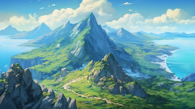 Prachtig uitgestrekt berglandschap studio ghibli disney openart fotografie afbeelding AI gegenereerde kunst