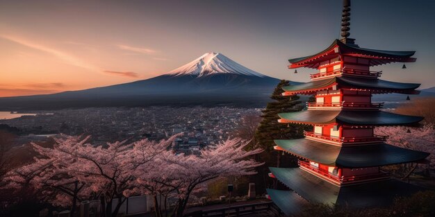 Prachtig uitzicht op de berg Fuji en de Chureito-pagode bij zonsondergang in de lente met kersenbloesems