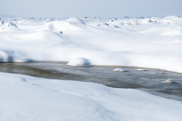 Prachtig uitzicht op de bevroren rivier bedekt met brokken ijs en wit berijpte sneeuw besneeuwde woestijn