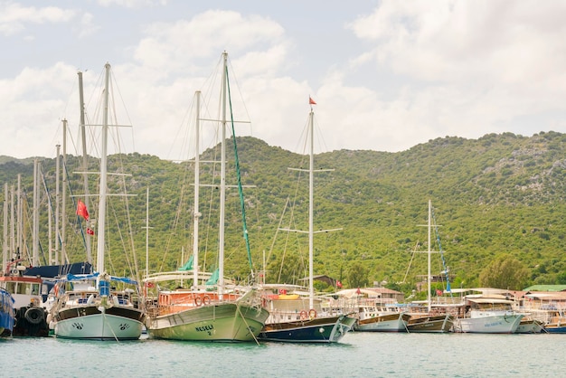 Prachtig uitzicht op de jachthaven zeiljachten met Turkse vlaggen op de achtergrond van groene bergen