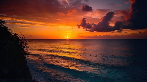 Foto prachtig uitzicht op de oceaan en het strand met tropische kokospalm bij zonsopgang generatieve ai