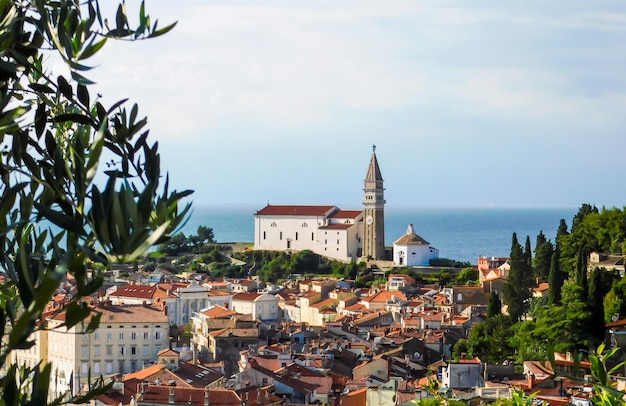 Prachtig uitzicht op de oude stad van Piran in Slovenië op een zonnige dag