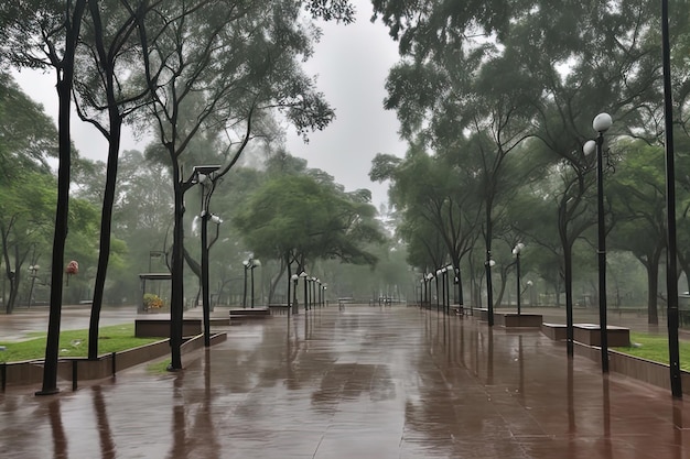 Prachtig uitzicht op de regenachtige dag in het park met bomen en banken