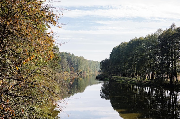 Prachtig uitzicht op de rivier met bomen Herfstlandschap aan de rivier