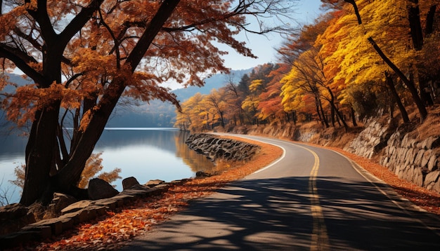 Foto prachtig uitzicht op een kronkelende weg bij het meer op een zonnige herfstdag