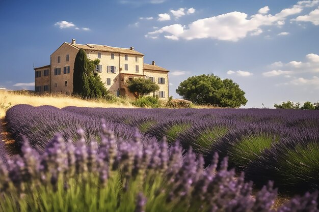 Prachtig uitzicht op een oud huis in de Provence op een zonnige dag met een lavendelveld op de voorgrond Generatieve AI