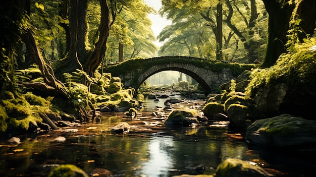 prachtig uitzicht op groen en een bruggetje in het bos