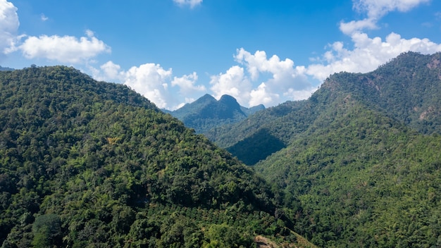 Prachtig uitzicht op groene berglandschappen en blauwe lucht in het regenseizoen, tropisch klimaat Chiangmai