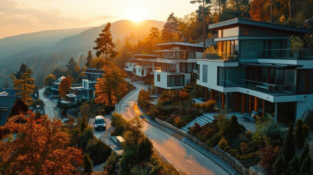 Prachtig uitzicht op het bergdorp bij zonsondergang Het concept van reizen en vakantie