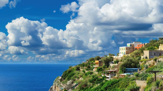 Foto prachtig uitzicht op het kustdorp op de heuvel met de zee met huizen en heldere blauwe wolken