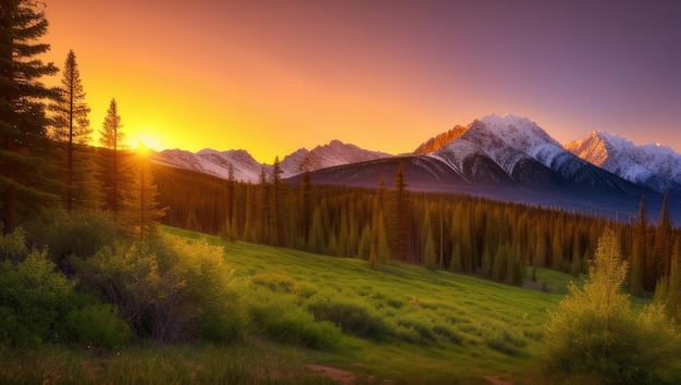 Prachtig uitzicht op het landschap van zonsondergang gouden uur de bergen en bos generatieve ai