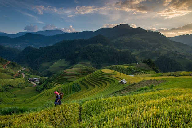 Prachtig uitzicht op huis en dorp in rijstterras boer komt terug naar huis in mu cang chai, vietnam