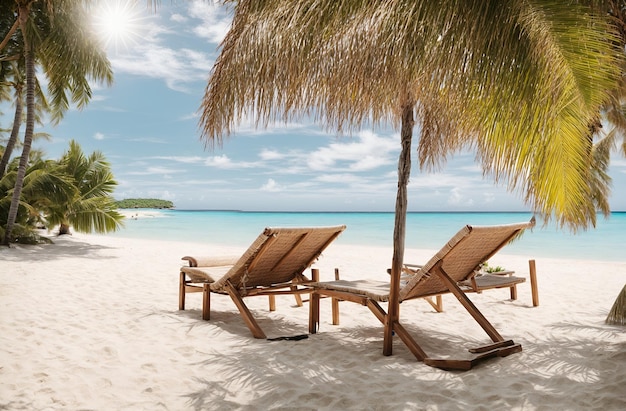 Foto prachtig uitzicht op kokospalmen en wit zandstrand met blauwe zeestoelen en parasols