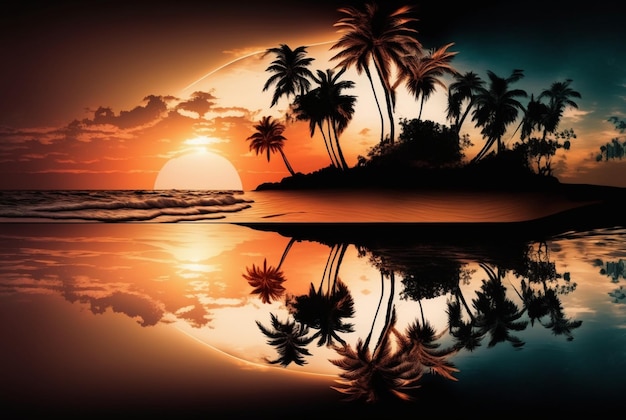 Prachtig uitzicht op zonsondergang met kokospalmen generatieve ai
