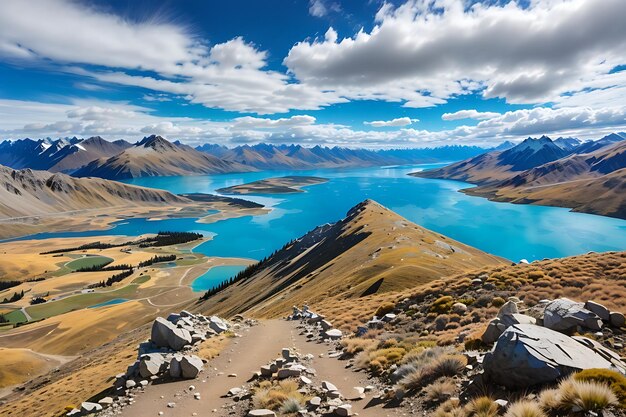 Prachtig uitzicht over het hoofd met blauwe lucht, onvoorstelbaar hoge berg en diep turkoois meer