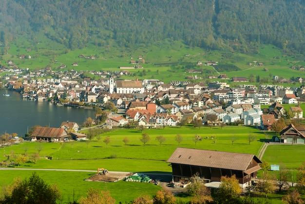 Prachtig uitzicht vanaf het Rigi-gebergte op het meer van Lucern en Village Brunnen