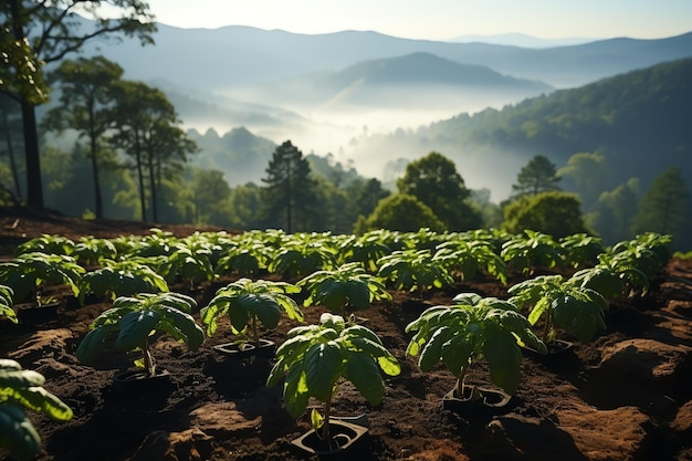 Prachtig van een thee veld plantage wijngaard boerderij of aardbeien tuin in de groene heuvel bij zonsopgang
