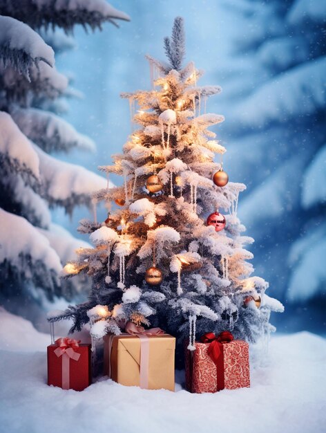 Prachtig versierde kerstboom met cadeautjes in de sneeuwval