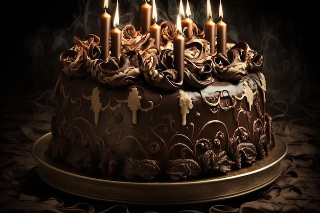 Prachtig versierde verjaardagstaart met brandende kaarsen
