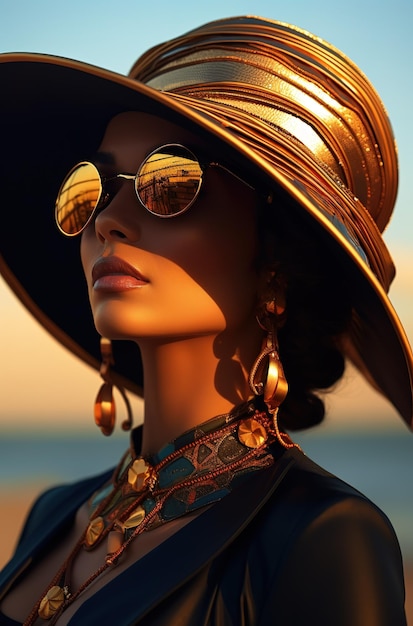 Prachtig vogue vrouwelijk model met een luxe gouden hoed op het strand in de stijl van dieselpunk