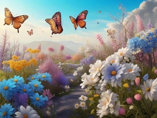 Prachtig voorjaarslandschap met bloemen en vlinders
