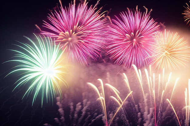 Prachtig vuurwerk op de nieuwjaarsfestivalachtergrond met vrije ruimte voor tekst