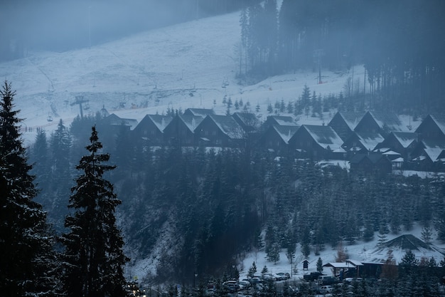 Prachtig winterlandschap in het bergdorp. Mistige ochtend