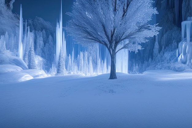 Prachtig winterlandschap, magische bomen, fantasieachtergrond