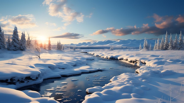 Prachtig winterlandschap met besneeuwde dennenbomen en meer bij zonsopgang