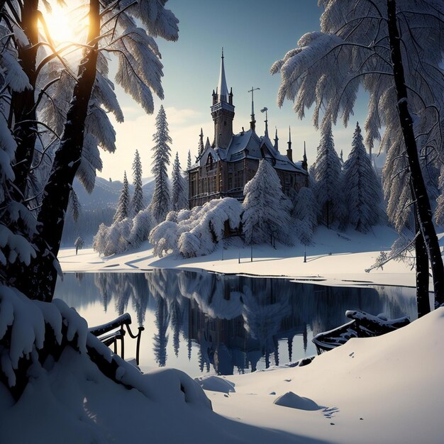 Prachtig winterlandschap met bevroren meer en kasteel in het bos generatief ai