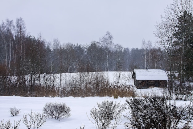 Prachtig winterlandschap met bomen in de sneeuw en oud houten badhuis op het platteland.