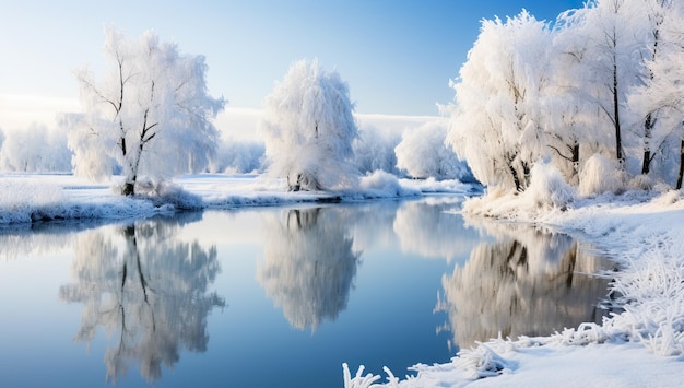 Prachtig winterlandschap met rivier en bomen in rijp