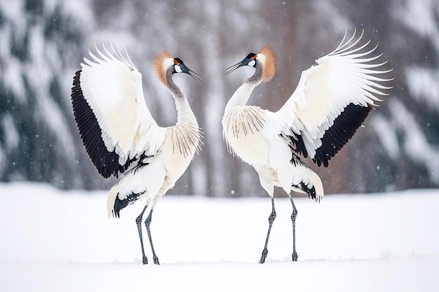 Prachtig winterlandschap met wit zwarte dansende kraanvogel