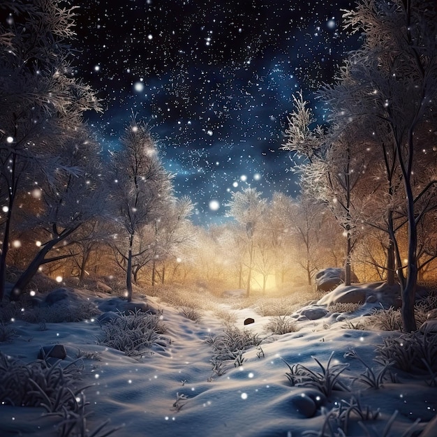 Prachtig winternachtlandschap met besneeuwde bomen Kerst winterlandschap bij nacht