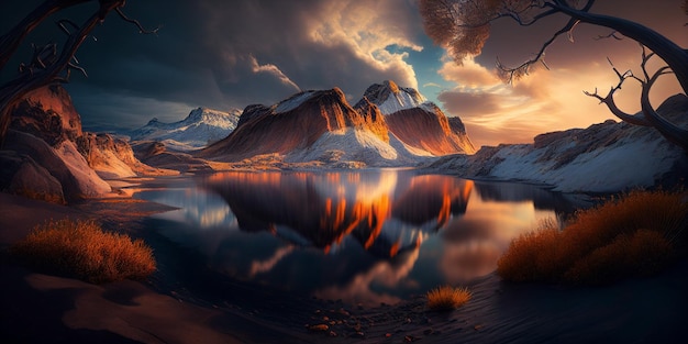 Prachtig winters berglandschap met glinsterende rivier die door majestueuze landschapsgeneratieve AI stroomt