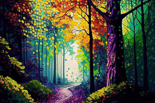 Prachtig wonderland bos kleurrijke waterverf pointillisme in rijke levendige kleuren