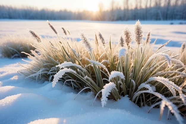 Prachtig zacht winterlandschap bevroren gras op een besneeuwde natuurlijke achtergrond winterseizoen ijskoud koud weer