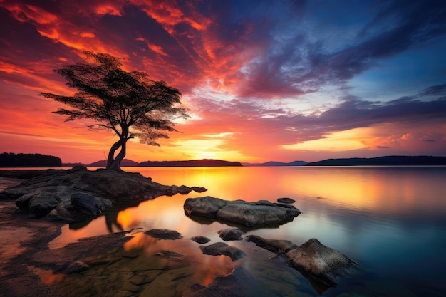 Prachtig zeegebied met een eenzame boom bij zonsondergang Thailand Prachtige zonsondergang bij het meer in Thailand gevangen door middel van een lange belichting shot AI gegenereerd