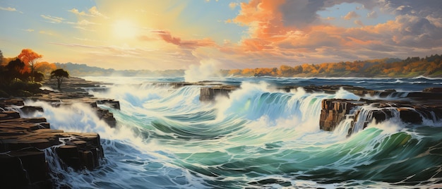 Foto prachtig zeegebied met een waterval bij zonsondergang panorama digitale olieverf schilderij illustratie