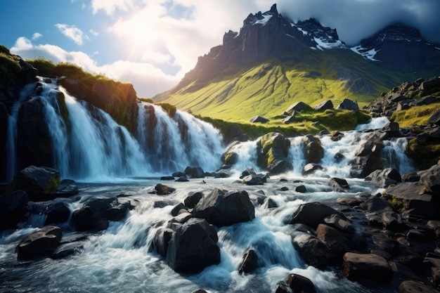 Prachtig zomerlandschap met bergwaterval IJsland Europa Schoonheid wereld Perfect uitzicht op de beroemde krachtige Gljufrabui cascade in zonlicht Dramatisch en prachtig AI gegenereerd