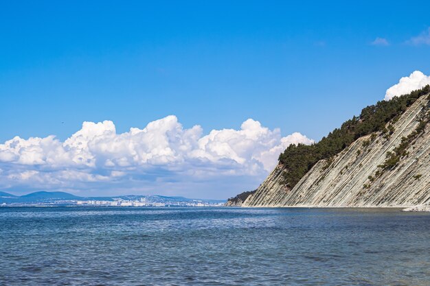 Prachtig zomers landschap, stralend blauwe lucht met wolken, steile kliffen met bomen, stenen wild strand en uitzicht op de stad Novorossiysk aan de horizon. Rusland, Gelendzhik, kust van de Zwarte Zee