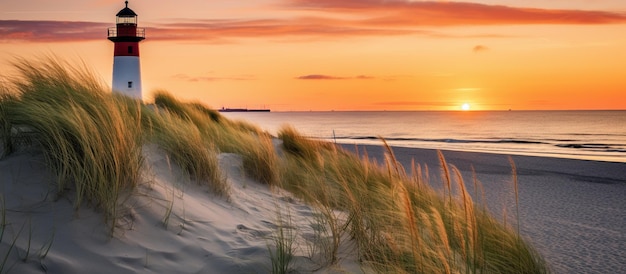 Prachtig zomerstrand uitzicht en de beroemde Skagen Grey vuurtoren op de top van Denemarken met kleurrijke zonsondergang licht Generatieve AI