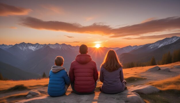 Prachtig zonsondergang uitzicht op een gelukkige familie reis naar de berg