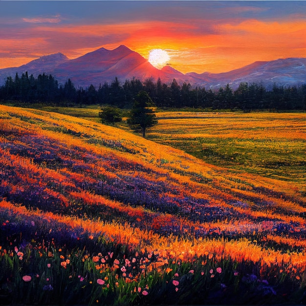 Prachtig zonsonderganglandschap van bergen en velden met bloemen bij zonsondergang